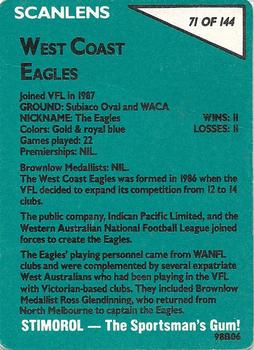 1988 Scanlens VFL #71 West Coast Eagles Back
